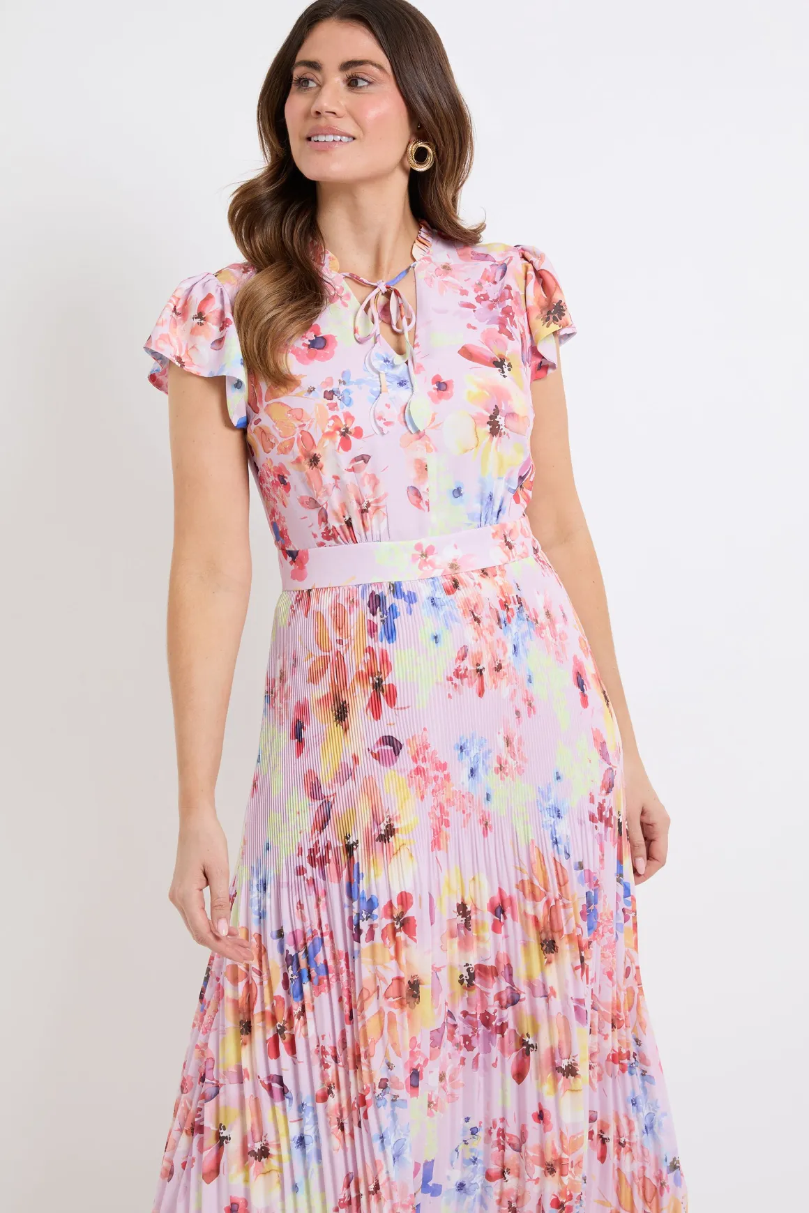Robe Midi Plissée À Col À Volants