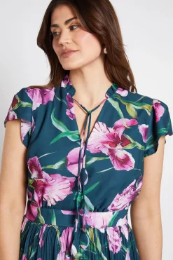 Robe Midi Plissée À Col Volants Et Motif Floral
