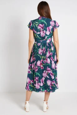 Robe Midi Plissée À Col Volants Et Motif Floral