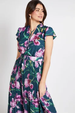 Robe Midi Plissée À Col Volants Et Motif Floral