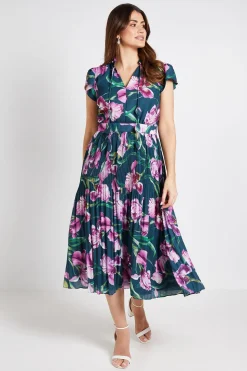 Robe Midi Plissée À Col Volants Et Motif Floral
