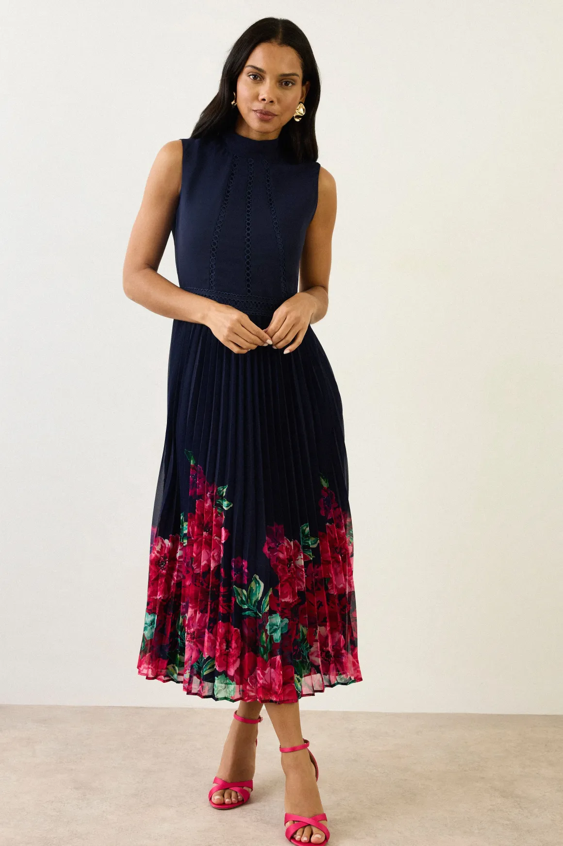 Robe Midi Plissée À Empiècement De Dentelle Florale