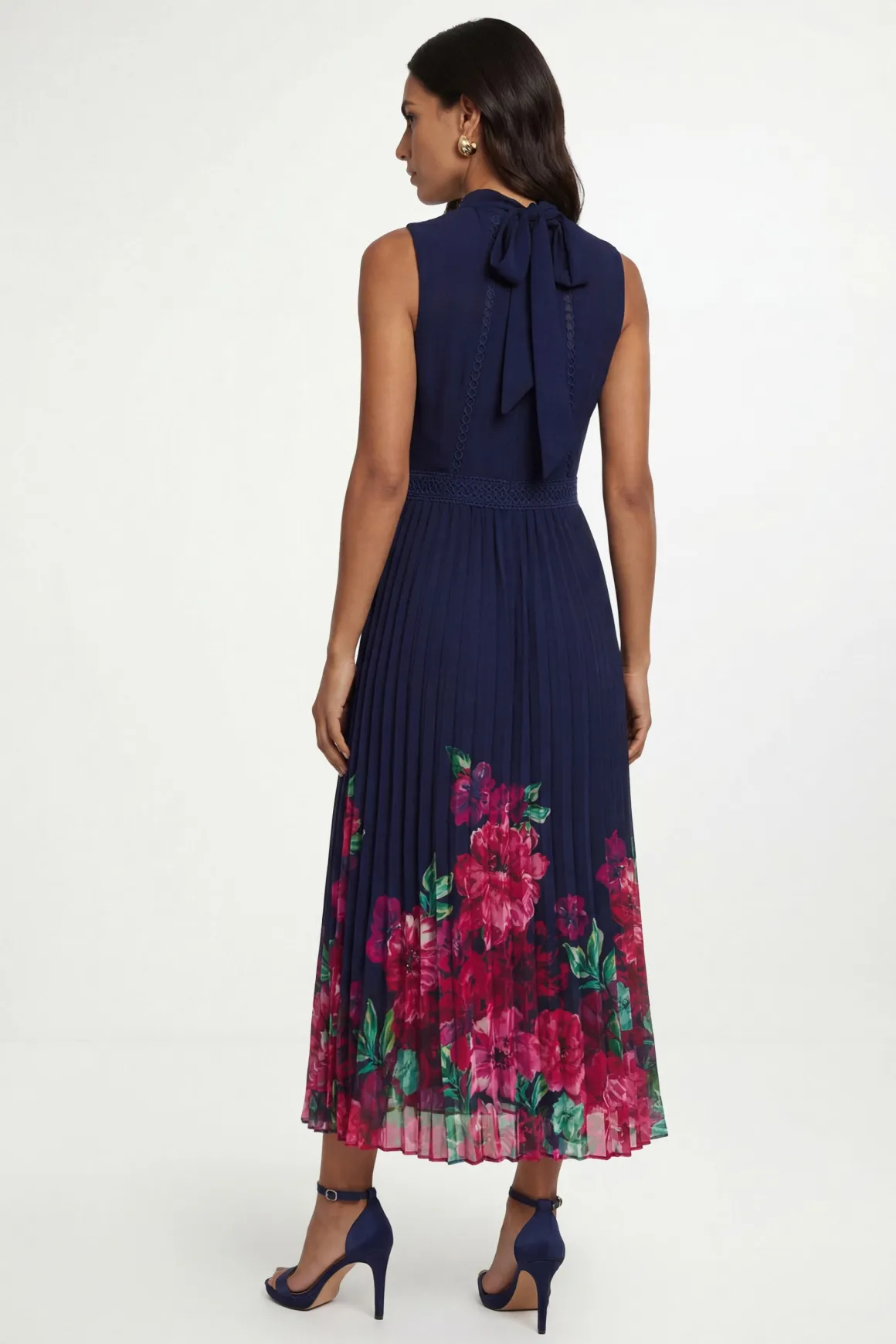 Robe Midi Plissée À Empiècement De Dentelle Florale