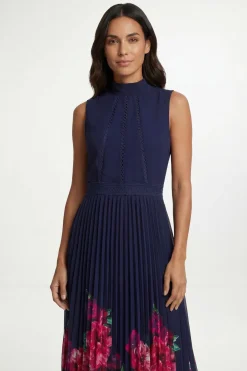 Robe Midi Plissée À Empiècement De Dentelle Florale