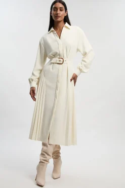 Robe Midi Plissée en Crêpe Ajustée avec Ceinture