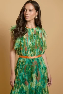 Oasis Robe Midi Plissée En Mesh Imprimé Avec Manches Volantées<Femme Robes|Robes Mi-Longues