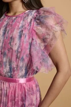 Robe Midi Plissée En Mesh Imprimé Petite Avec Manches Volantées