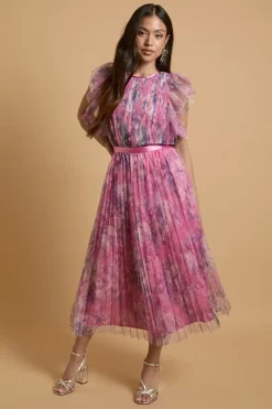 Robe Midi Plissée En Mesh Imprimé Petite Avec Manches Volantées