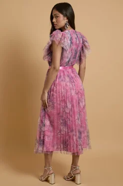 Robe Midi Plissée En Mesh Imprimé Petite Avec Manches Volantées