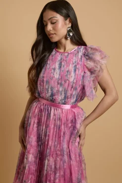 Robe Midi Plissée En Mesh Imprimé Petite Avec Manches Volantées