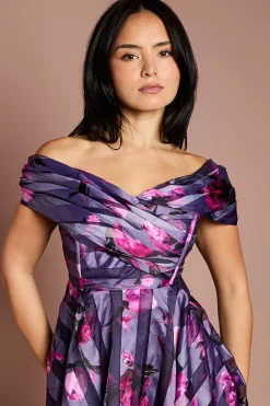 Robe Midi Plissée en Organza Rayé Petite Taille