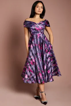 Robe Midi Plissée en Organza Rayé Petite Taille