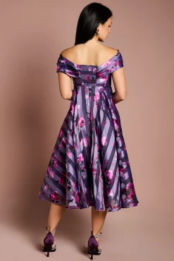 Robe Midi Plissée en Organza Rayé Petite Taille