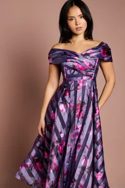 Robe Midi Plissée en Organza Rayé Petite Taille