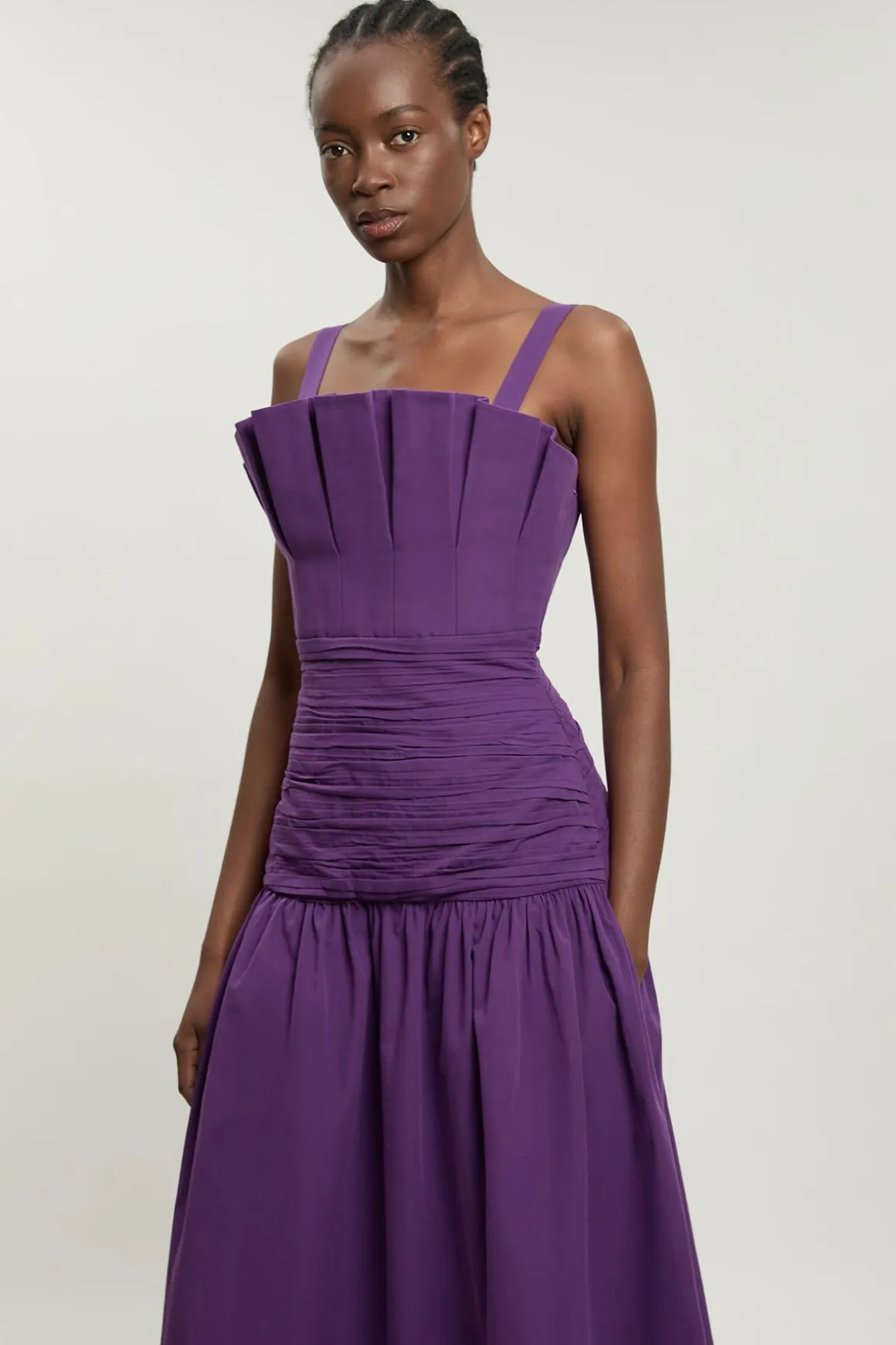 Robe Midi Plissée En Popeline
