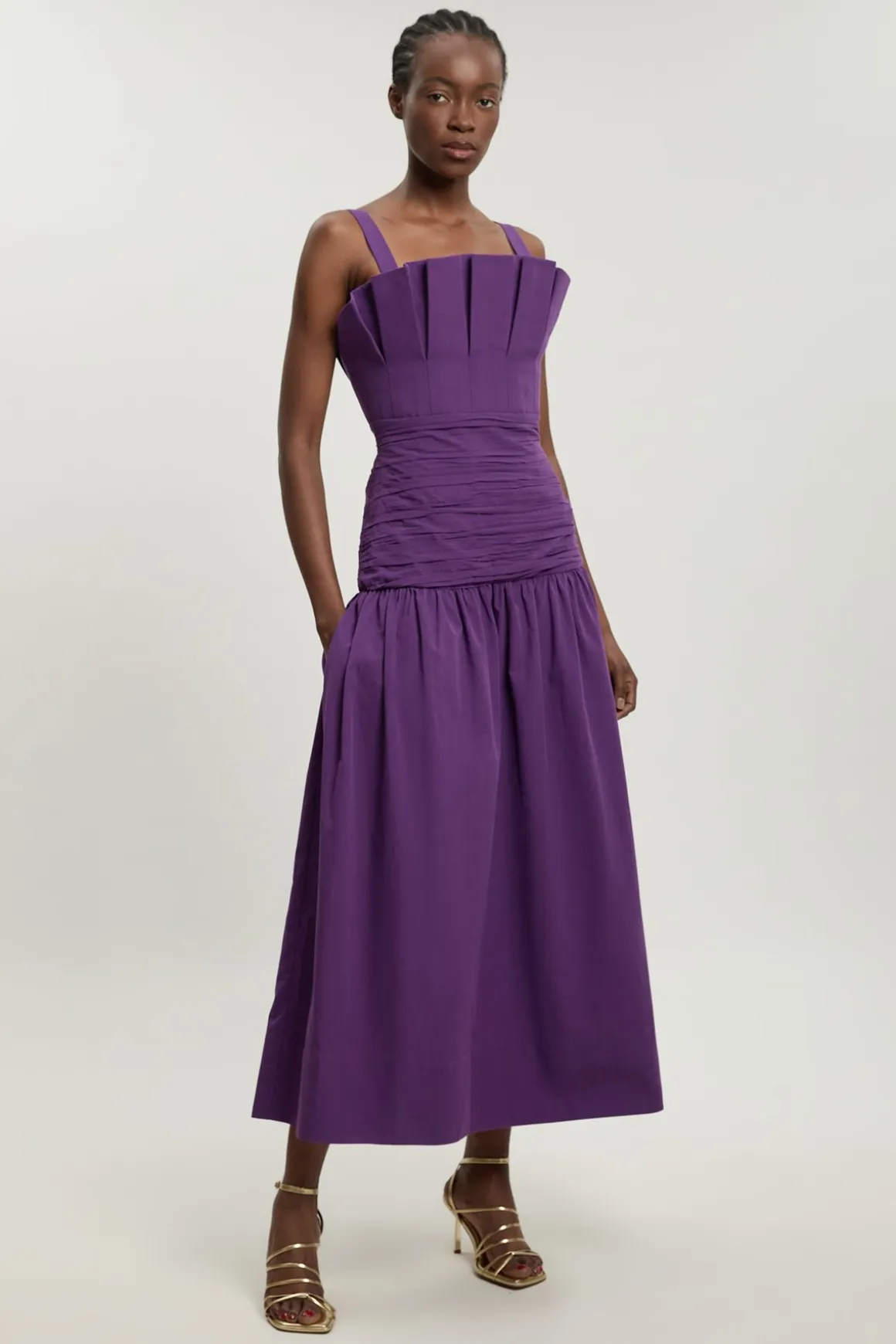 Robe Midi Plissée En Popeline