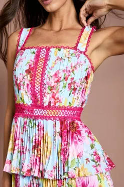 Robe Midi Plissée À Imprimé Avec Bordure En Dentelle