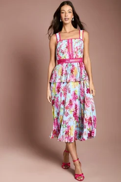 Robe Midi Plissée À Imprimé Avec Bordure En Dentelle