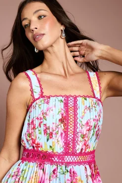 Robe Midi Plissée À Imprimé Avec Bordure En Dentelle