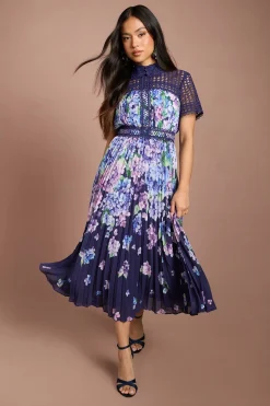 Robe Midi Plissée Imprimée À Dentelle Lisa Tan Petite