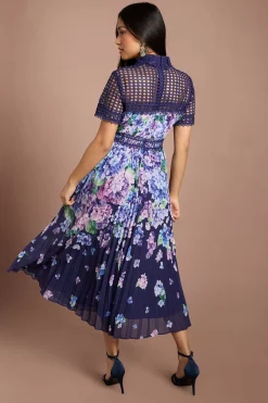 Robe Midi Plissée Imprimée À Dentelle Lisa Tan Petite
