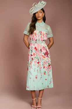 Coast Robe Midi Plissée Imprimée en Dentelle Lisa Tan<Femme Robes Mi-Longues|Satin Et Dentelle
