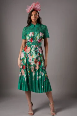 Robe Midi Plissée Imprimée Lisa Tan en Dentelle