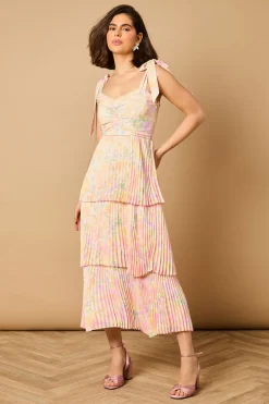 Robe Midi Plissée à Imprimé Fleuri Ditsy avec Bretelles Nouées