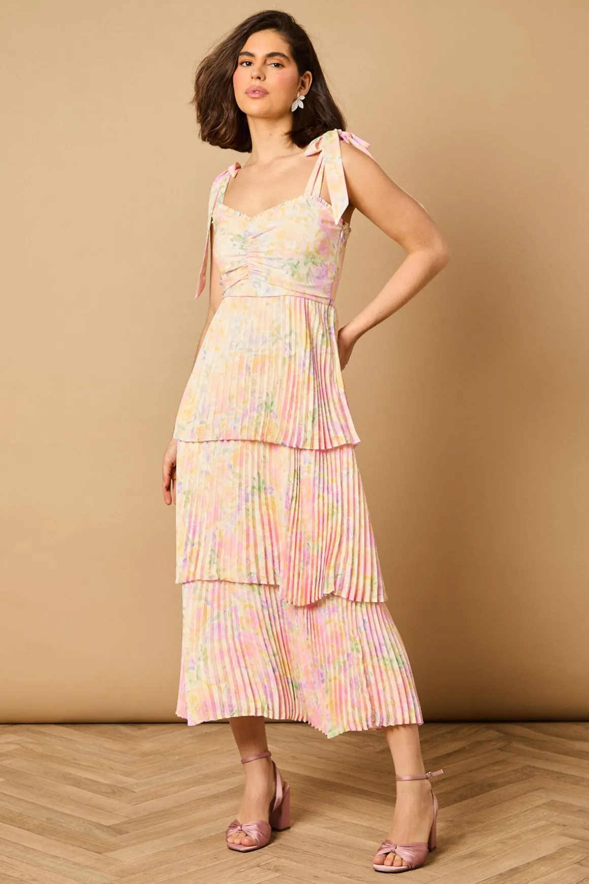 Robe Midi Plissée à Imprimé Fleuri Ditsy avec Bretelles Nouées