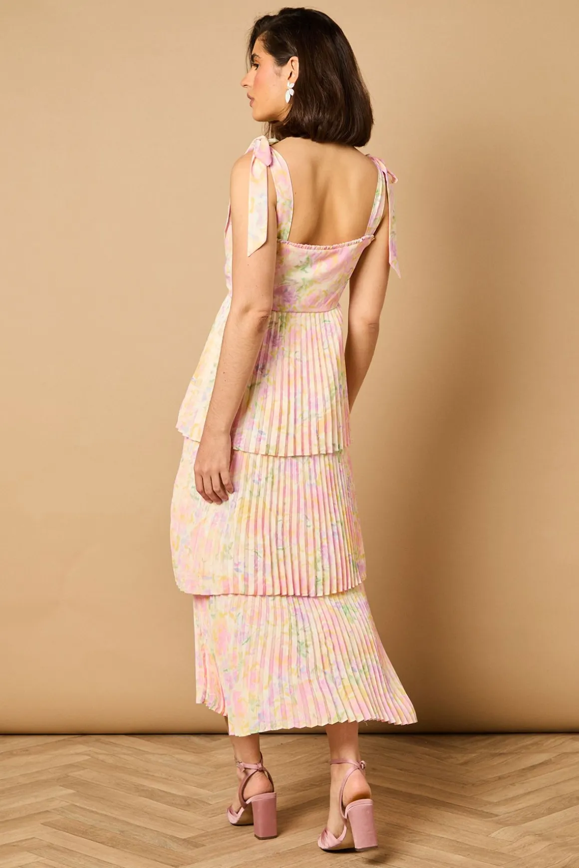 Robe Midi Plissée à Imprimé Fleuri Ditsy avec Bretelles Nouées