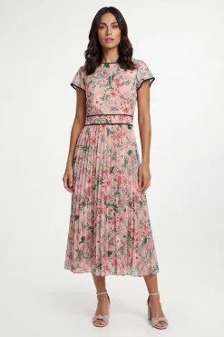 Robe Midi Plissée À Imprimé Floral Contrasté