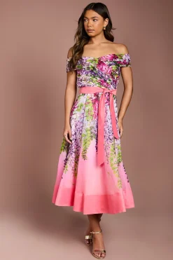 Coast Robe Midi Plissée à Imprimé Floral Style Bardot<Femme Toutes Les Robes|Robes Mi-Longues
