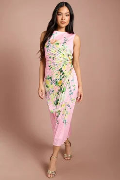 Robe Midi Plissée À Imprimé Floral Petite Lisa Tan Avec Détail Plissé