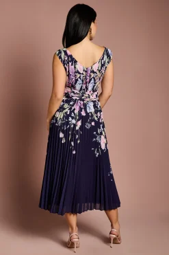 Robe Midi Plissée à Imprimé Placement et Col V Petite Taille