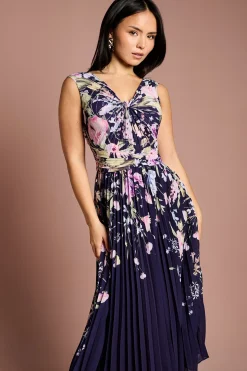 Robe Midi Plissée à Imprimé Placement et Col V Petite Taille