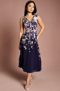 Robe Midi Plissée à Imprimé Placement et Col V Petite Taille