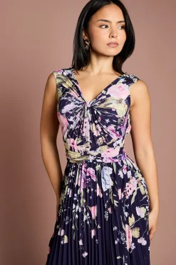 Robe Midi Plissée à Imprimé Placement et Col V Petite Taille