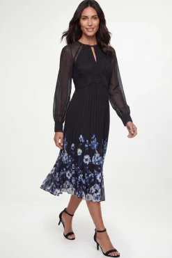 Robe Midi Plissée À Insert En Dentelle Florale