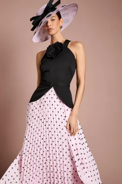 Robe Midi Plissée Lisa À Imprimé À Pois Avec Détail Corsage Et Basque Beige