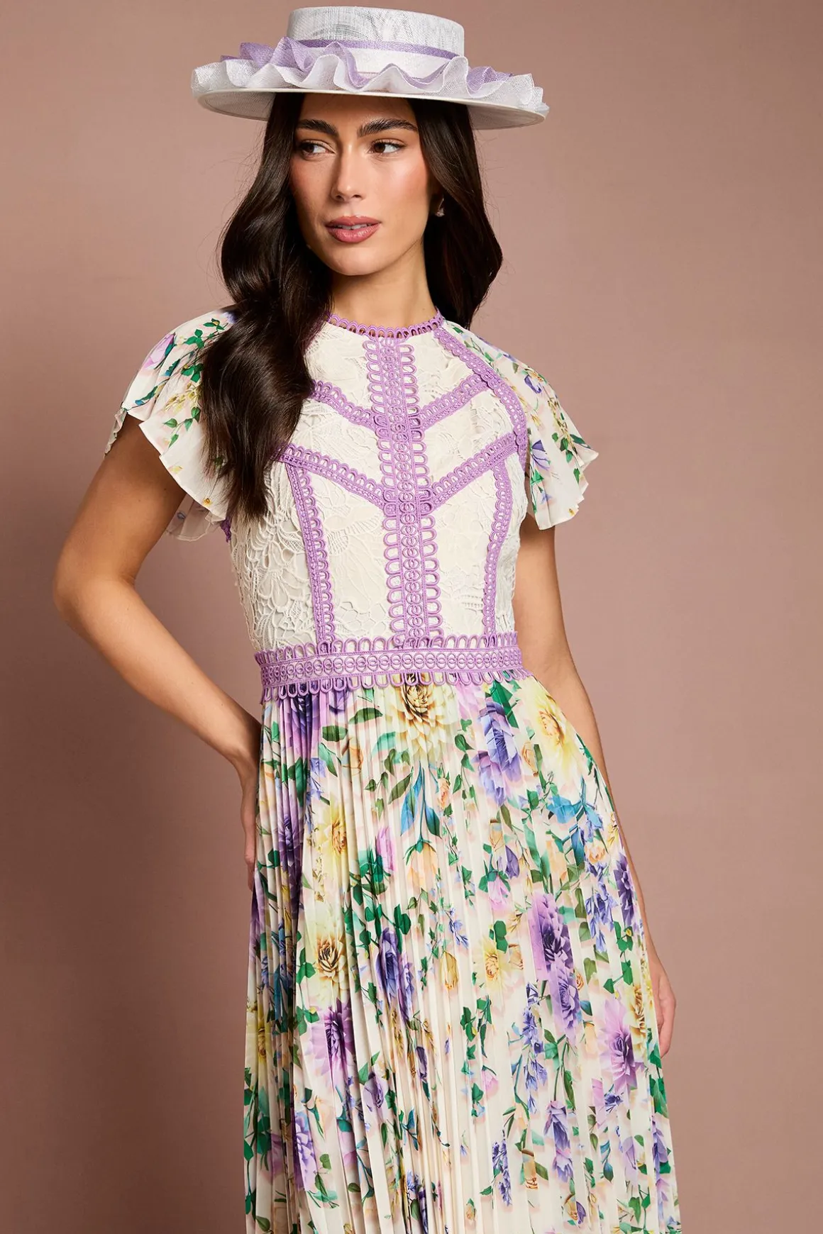 Robe Midi Plissée Lisa Tan À Imprimé Floral Avec Bordure En Dentelle