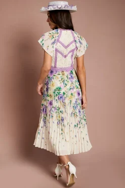 Robe Midi Plissée Lisa Tan À Imprimé Floral Avec Bordure En Dentelle