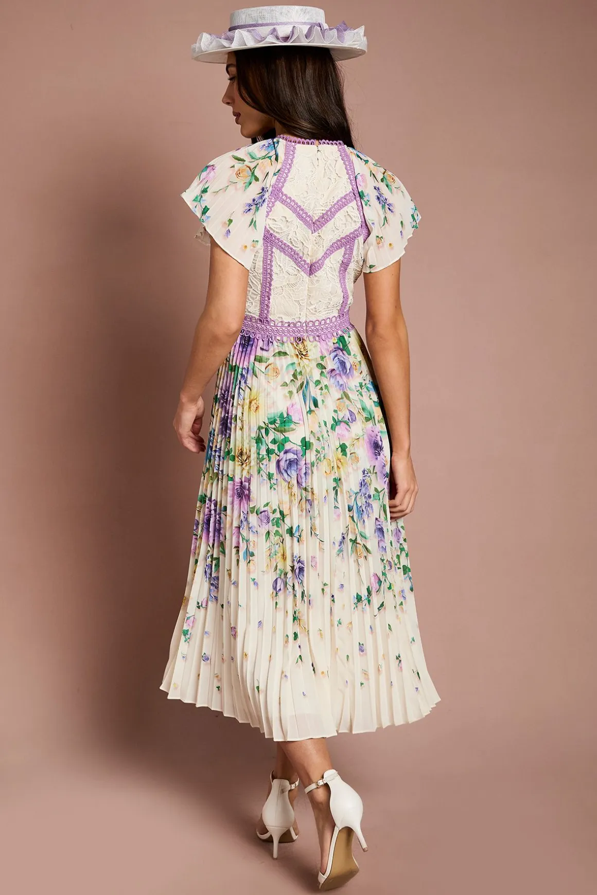 Robe Midi Plissée Lisa Tan À Imprimé Floral Avec Bordure En Dentelle