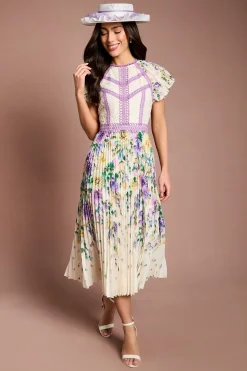 Robe Midi Plissée Lisa Tan À Imprimé Floral Avec Bordure En Dentelle