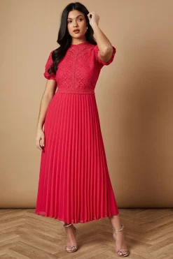 Robe Midi Plissée à Manches Bouffantes en Dentelle