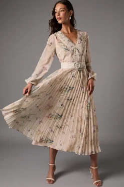 Coast Robe Midi Plissée à Manches Longues et Col V Avec Ceinture<Femme Robes Mi-Longues|Robes À Manches Longues