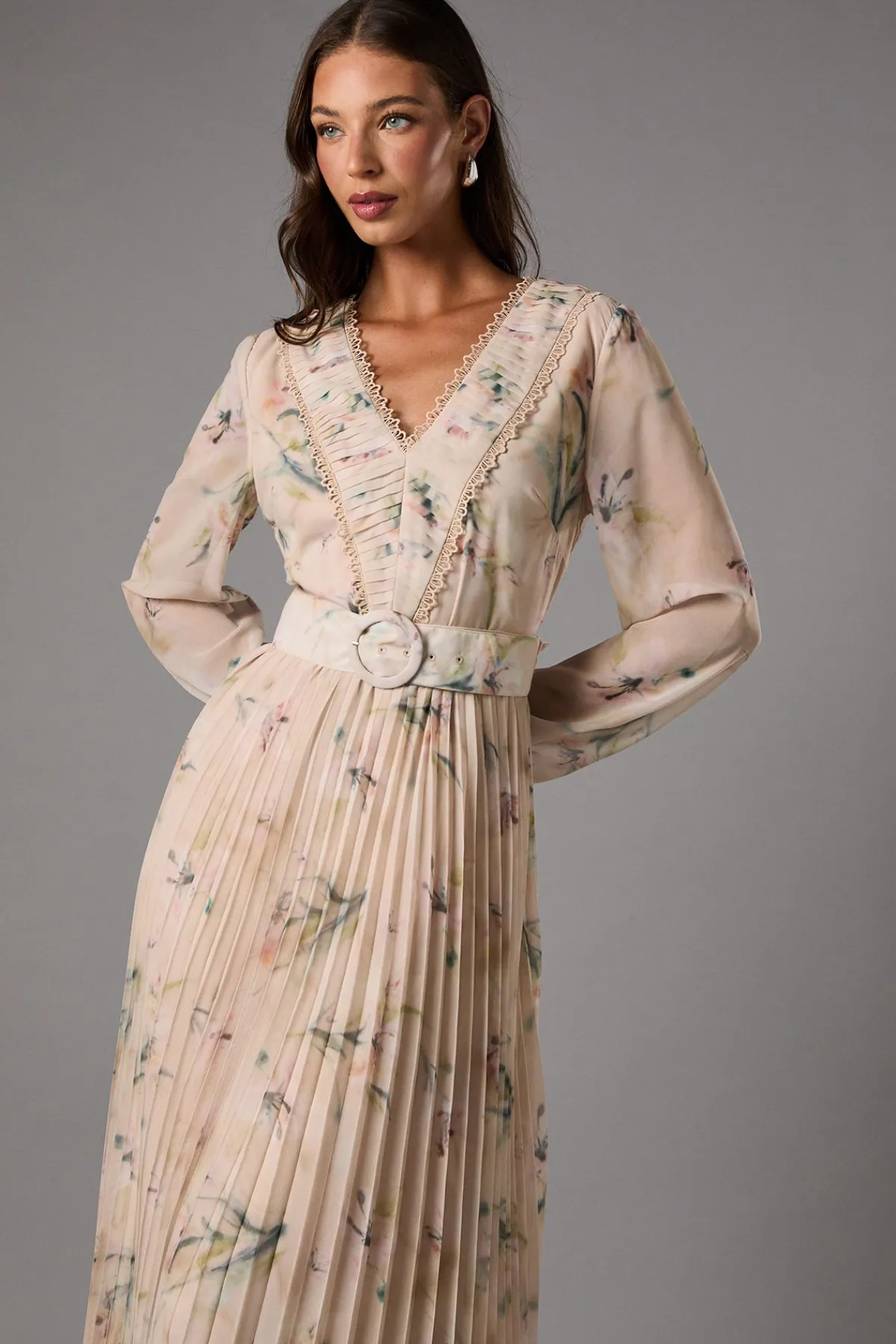 Coast Robe Midi Plissée à Manches Longues et Col V Avec Ceinture<Femme Robes Mi-Longues|Robes À Manches Longues