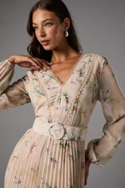 Coast Robe Midi Plissée à Manches Longues et Col V Avec Ceinture<Femme Robes Mi-Longues|Robes À Manches Longues