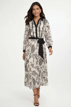 Robe Midi Plissée À Motifs Floraux Contrastés