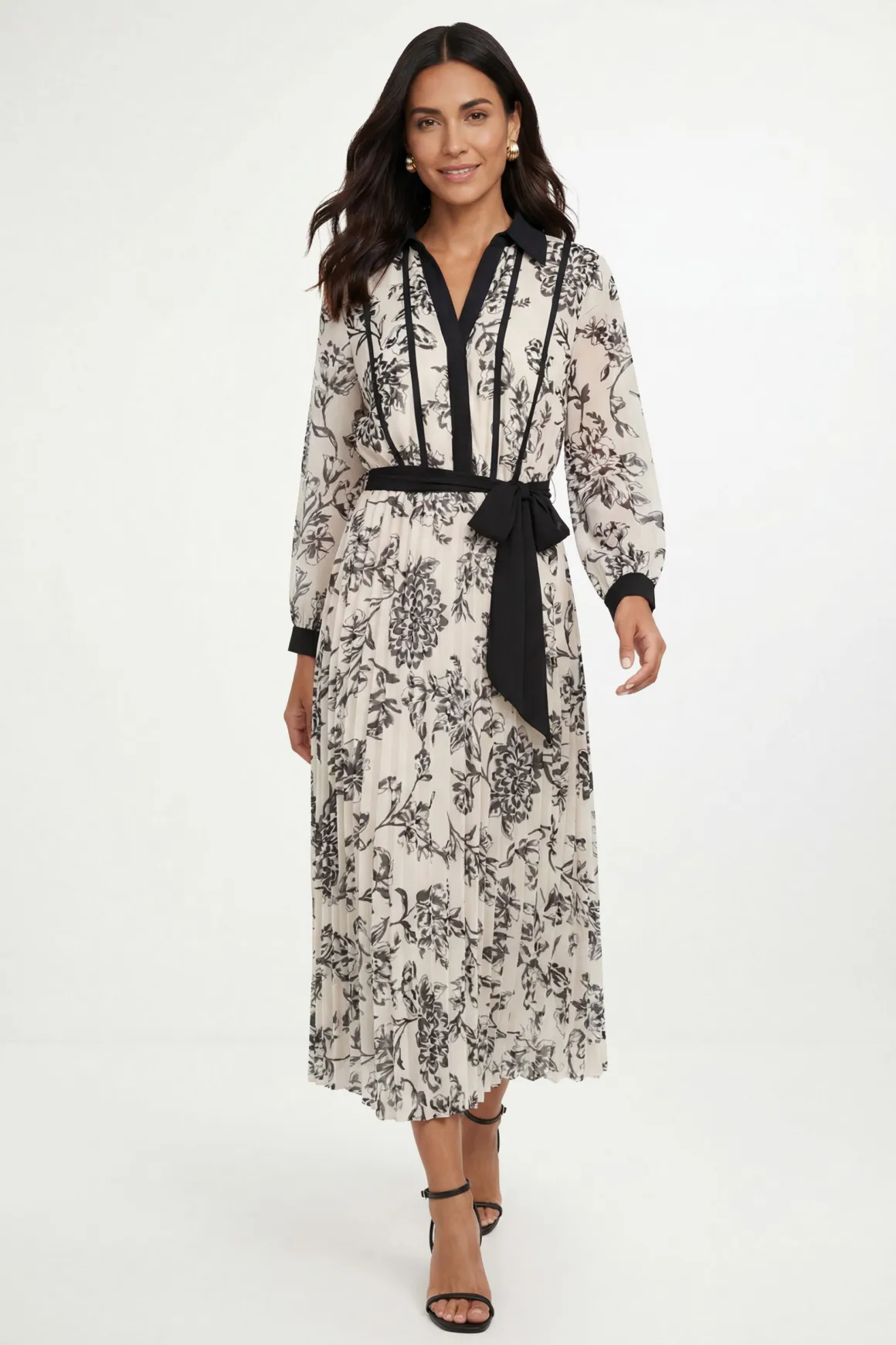 Robe Midi Plissée À Motifs Floraux Contrastés
