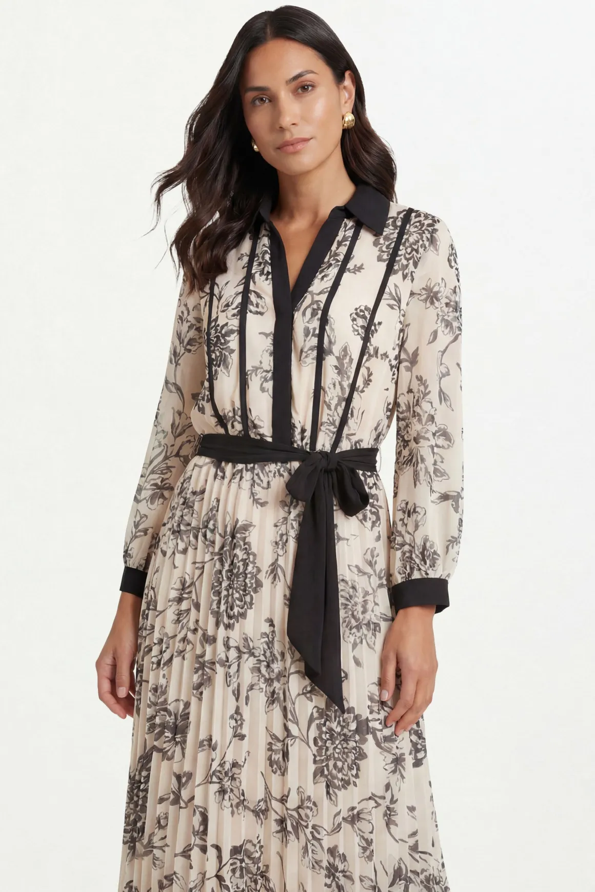 Robe Midi Plissée À Motifs Floraux Contrastés